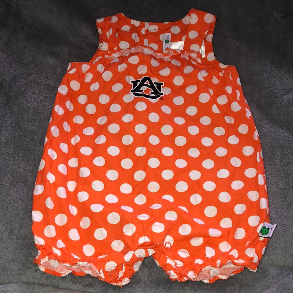 Sara Lynn Togs Auburn University War Eagle 🦅 Romper Orange/White Dots 12 months
